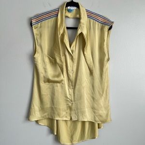 KOCH Size S • Green Short Sleeve Silky Blouse Open Back Shoulder Stripes